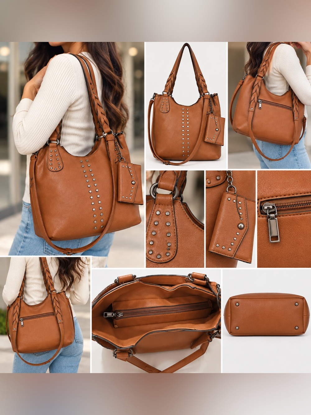 Cognac Brown Studded Shoulder Bag with Braided Straps & Crossbody Strap